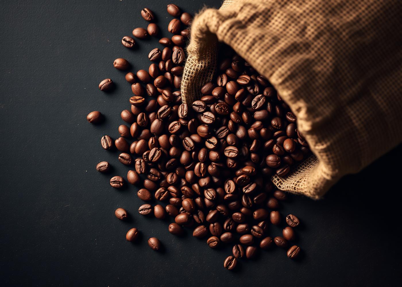 Grãos de café derramando de um saco de estopa