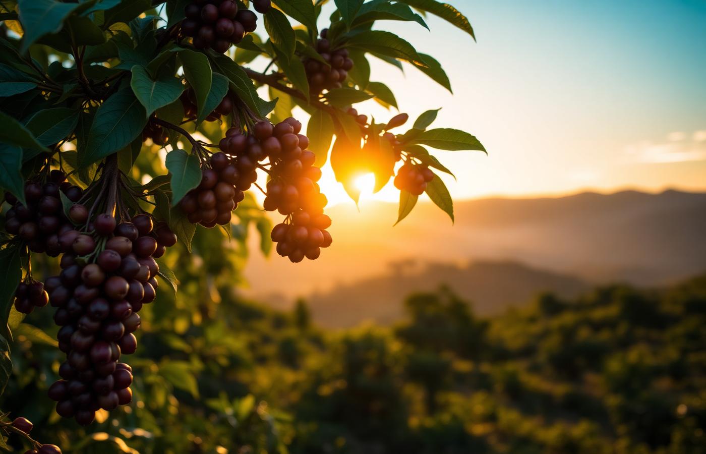 Cerejas de café em plena maturação em fazenda brasileira ao pôr do sol