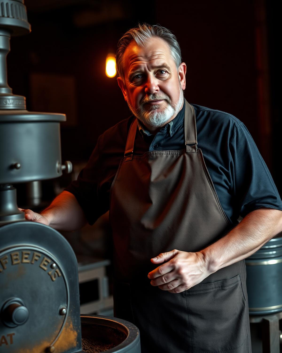 Mestre torrador ArteCoffee ao lado de um torrador Probat vintage